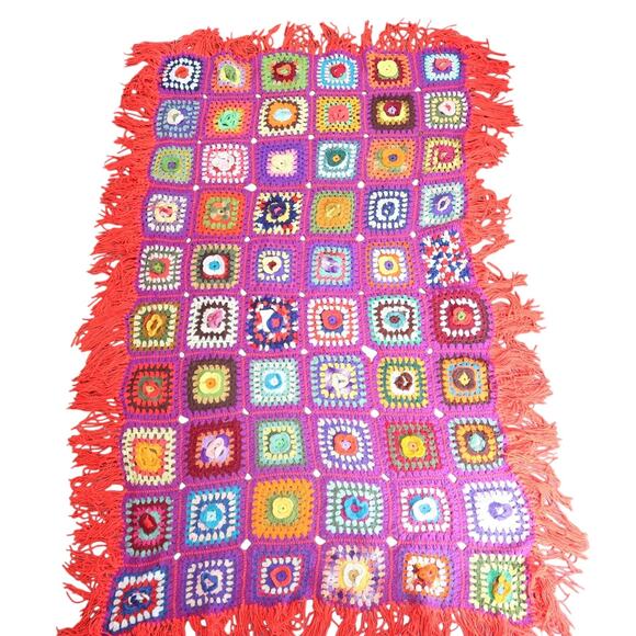 Vintage 70s purple and red multicolor granny square crochet knit blanket
